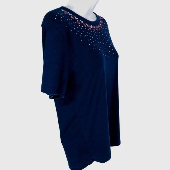 Brunswick Square Women Size M Navy Blue with Tiny Red Silver Sequins Short Sleev - Picture 2 of 9